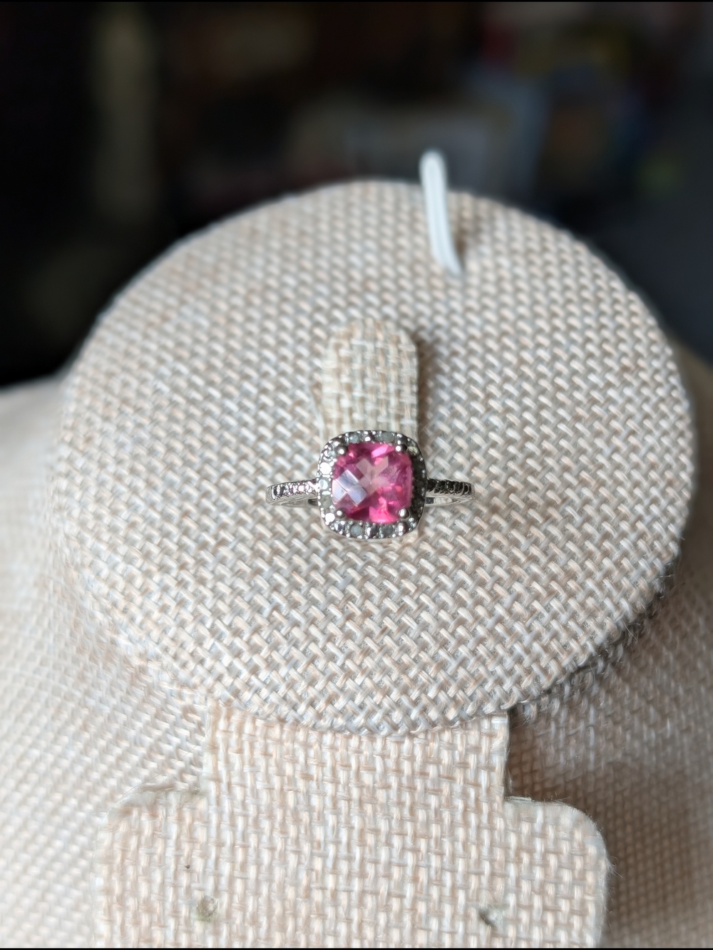 Pink Topaz And Diamond Halo Ring in Silver